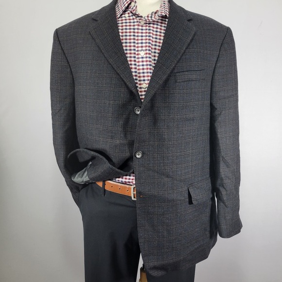 Oscar De La Renta Mens Sport Coat Blazer Three Button CH BLK Plaid Wool Soft 46R